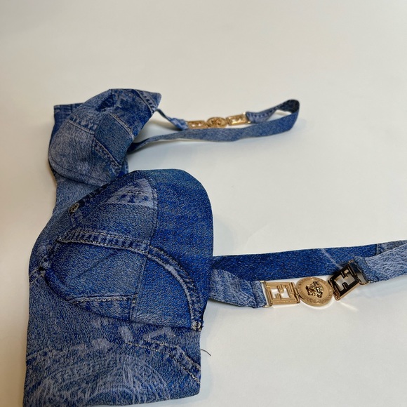 Fendace Fendi Versace Denim Bra Bustier Bralette Blue Patchwork Buckle Crop Top - Picture 9 of 11